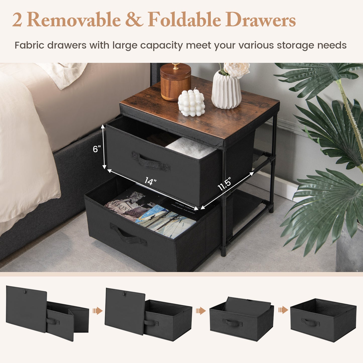 2-Drawer Nightstand with Removable Fabric Bins and Pull Handles Set of 2, Black Nightstands at Gallery Canada