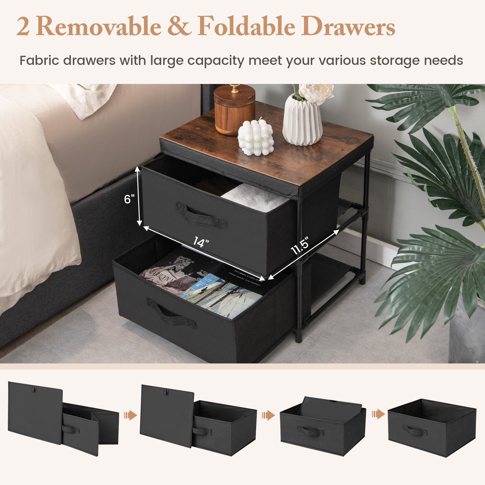 2-Drawer Nightstand with Removable Fabric Bins and Pull Handles Set of 2, Black Nightstands at Gallery Canada
