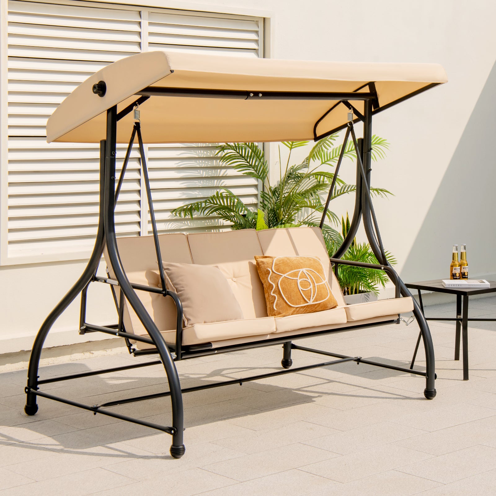 3 Seat Outdoor Porch Swing with Adjustable Canopy, Beige Porch Swings at Gallery Canada