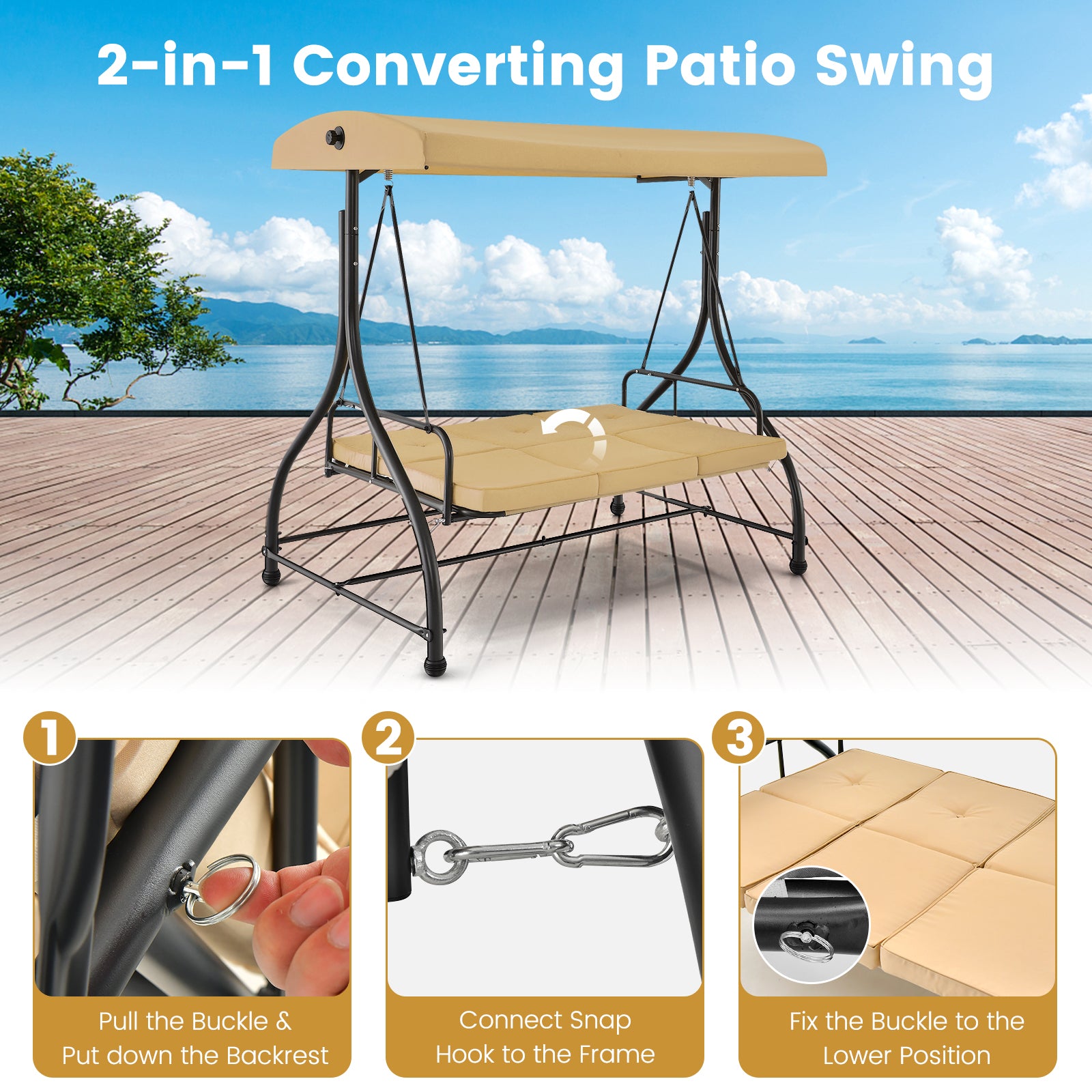 3 Seat Outdoor Porch Swing with Adjustable Canopy, Beige Porch Swings at Gallery Canada