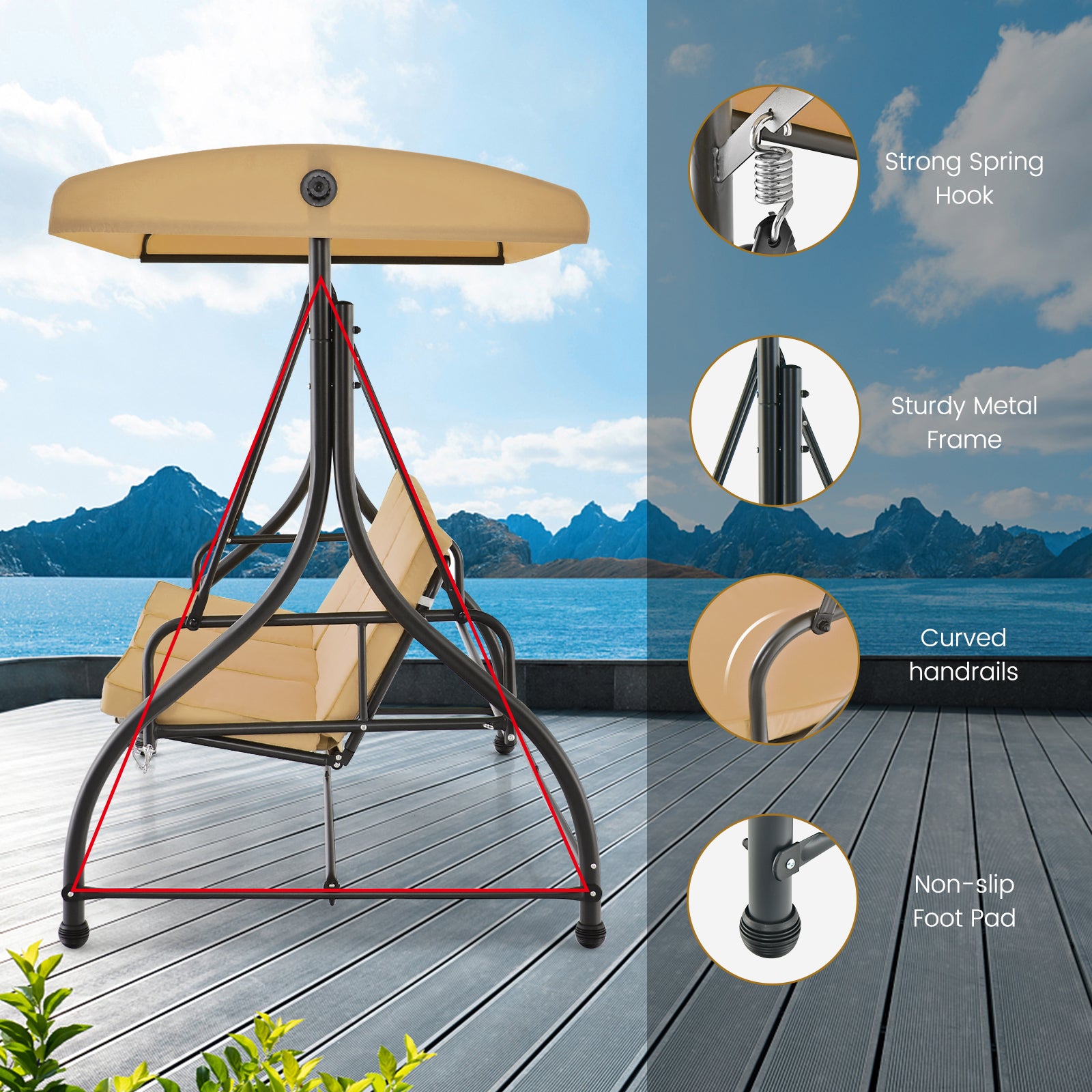 3 Seat Outdoor Porch Swing with Adjustable Canopy, Beige Porch Swings at Gallery Canada