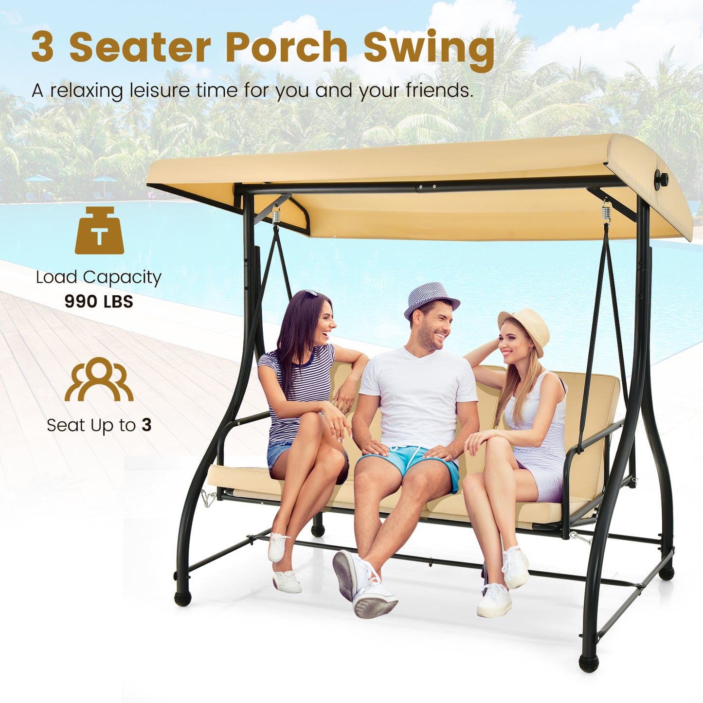 3 Seat Outdoor Porch Swing with Adjustable Canopy, Beige Porch Swings at Gallery Canada