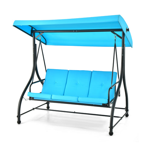 3 Seat Outdoor Swing, Adjustable Canopy, Blue