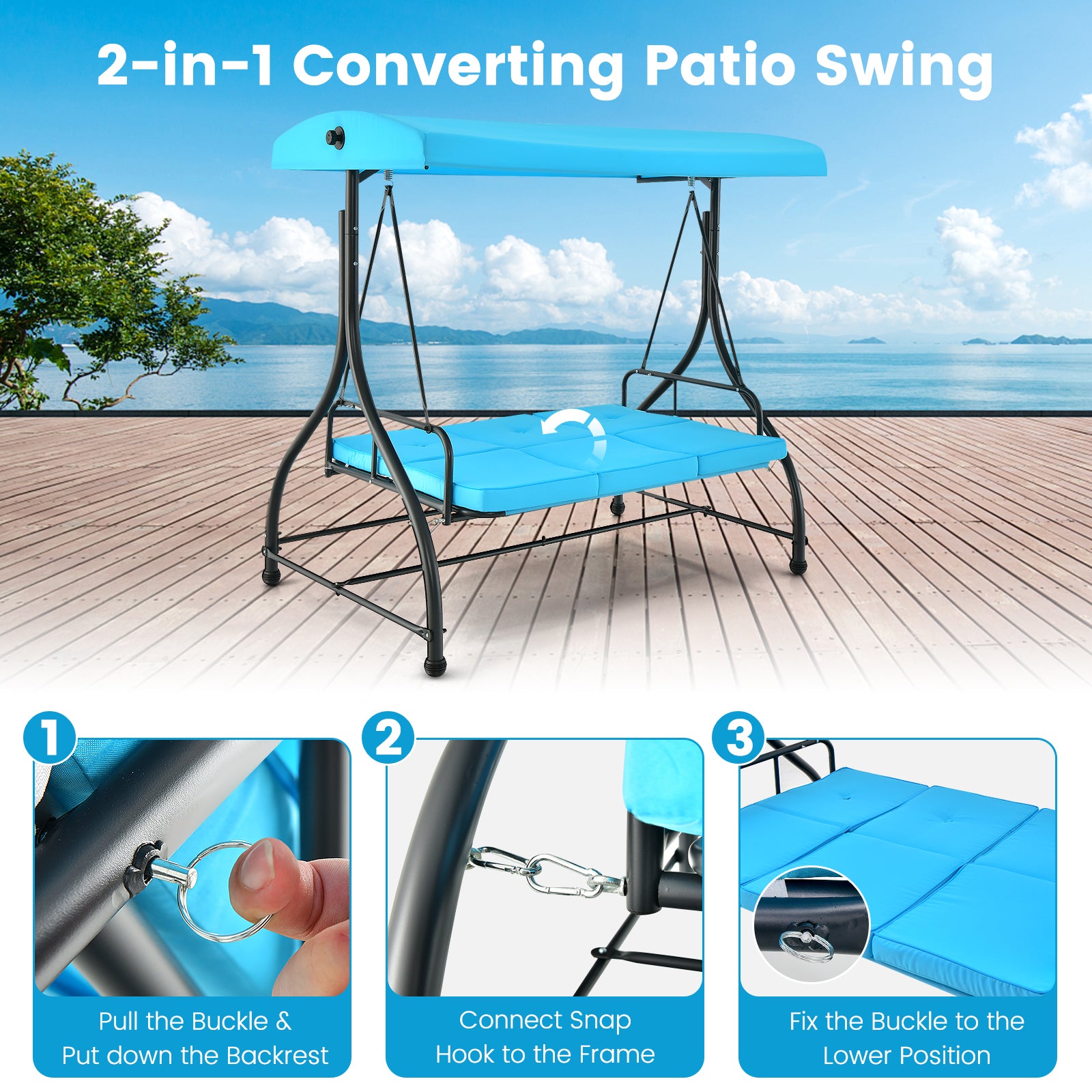 3 Seat Outdoor Porch Swing with Adjustable Canopy, Blue Porch Swings at Gallery Canada