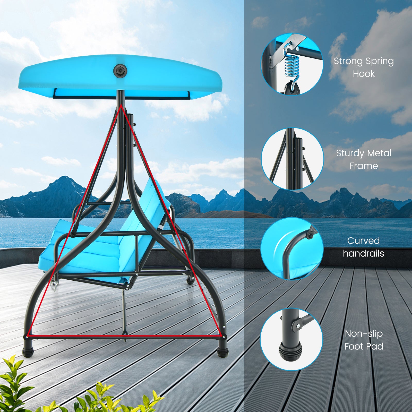 3 Seat Outdoor Porch Swing with Adjustable Canopy, Blue Porch Swings at Gallery Canada