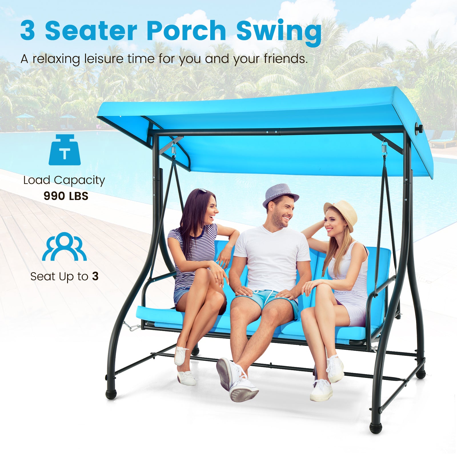 3 Seat Outdoor Porch Swing with Adjustable Canopy, Blue Porch Swings at Gallery Canada