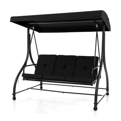 3 Seat Outdoor Porch Swing, Adjustable Canopy, Black