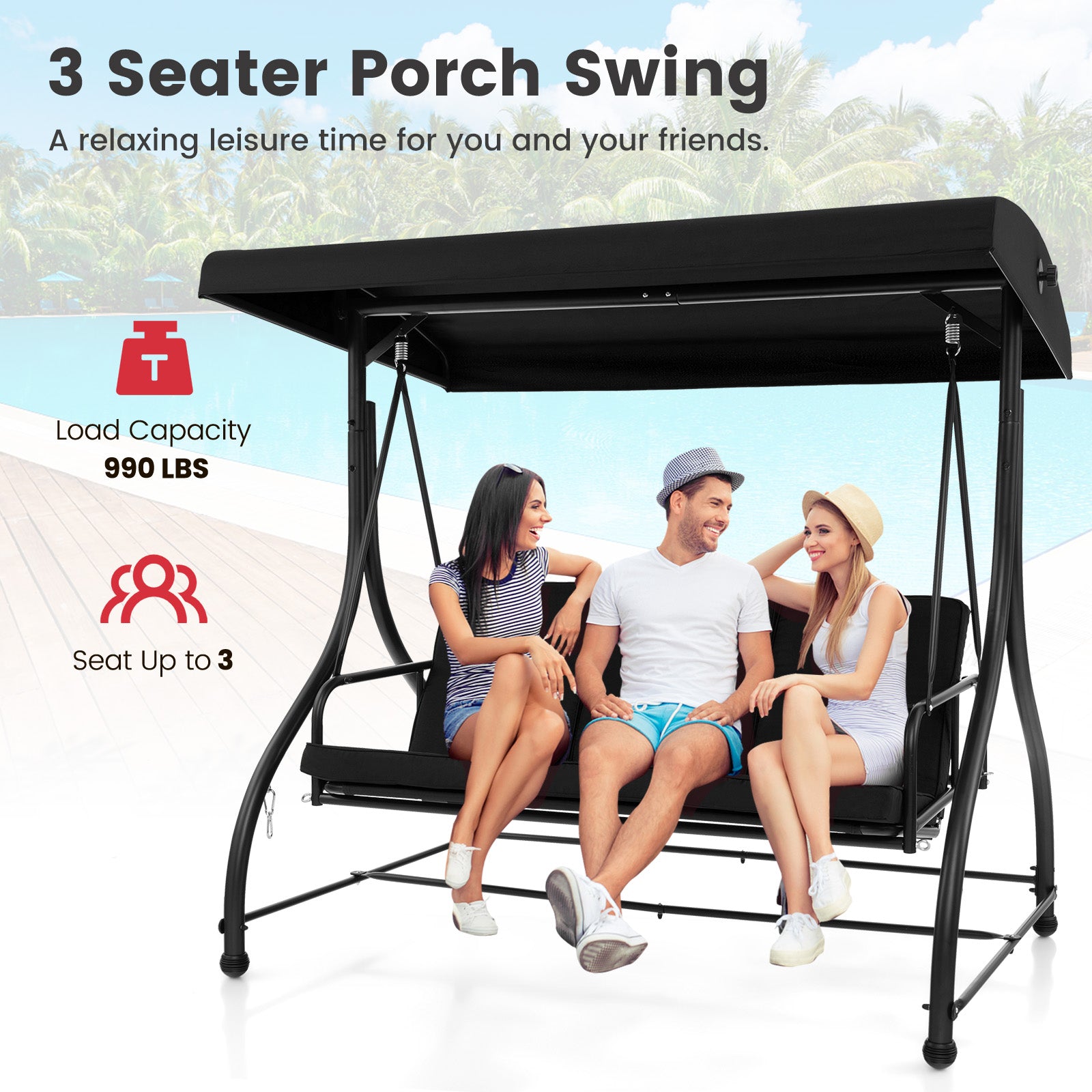 3 Seat Outdoor Porch Swing with Adjustable Canopy, Black Porch Swings at Gallery Canada