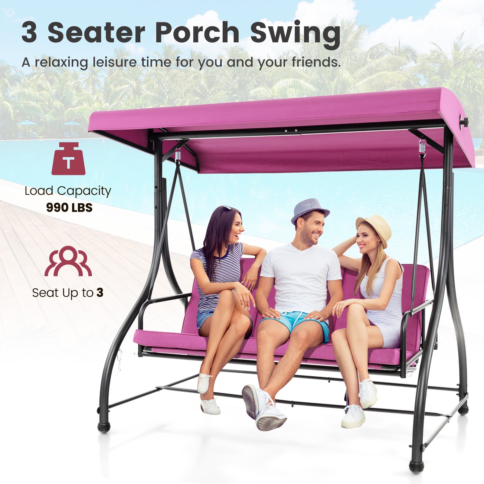 3 Seat Outdoor Porch Swing with Adjustable Canopy, Wine Porch Swings at Gallery Canada