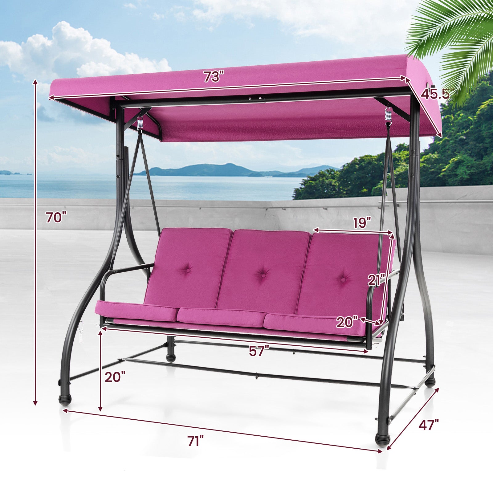 3 Seat Outdoor Porch Swing with Adjustable Canopy, Wine Porch Swings at Gallery Canada