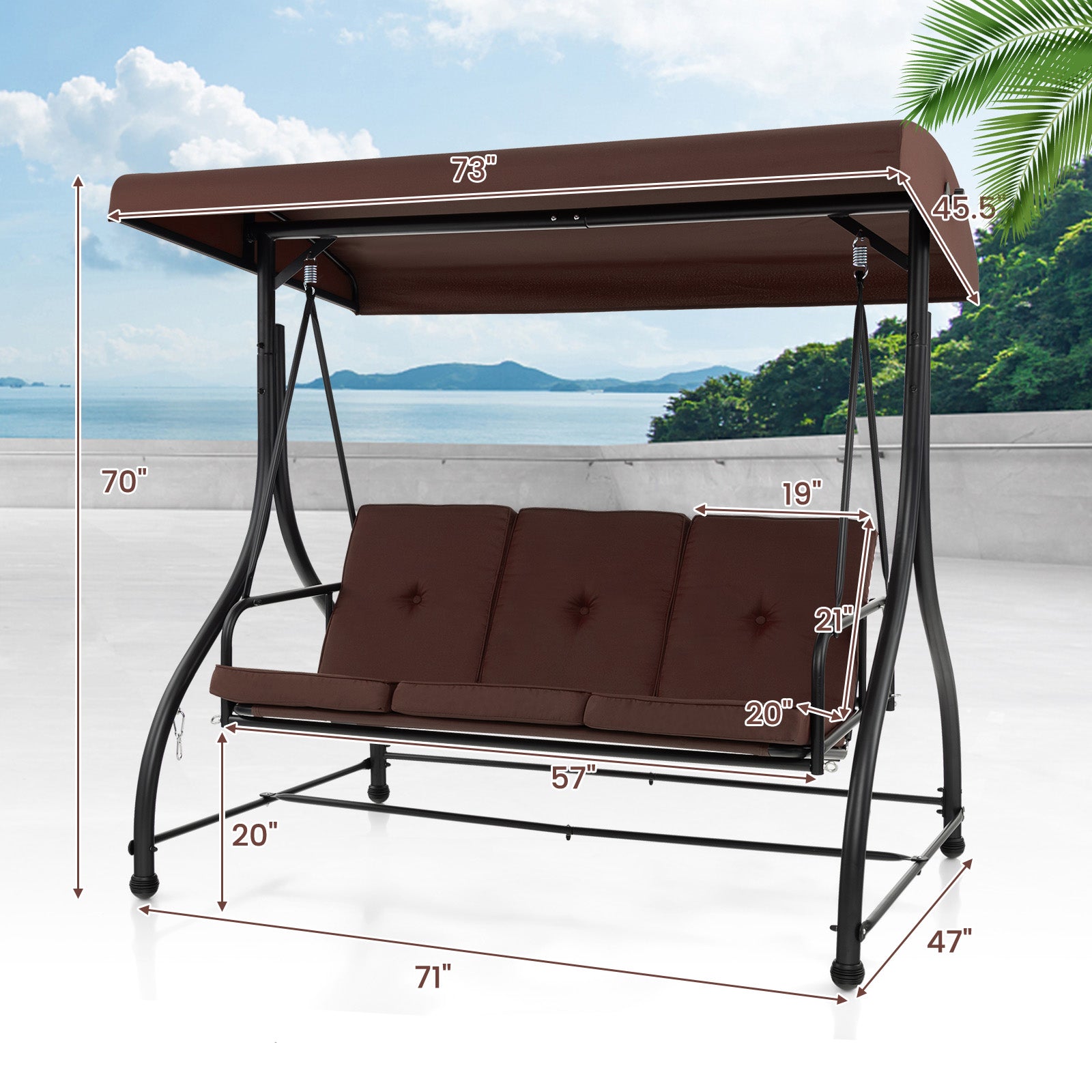 3 Seat Outdoor Porch Swing with Adjustable Canopy, Coffee Porch Swings at Gallery Canada