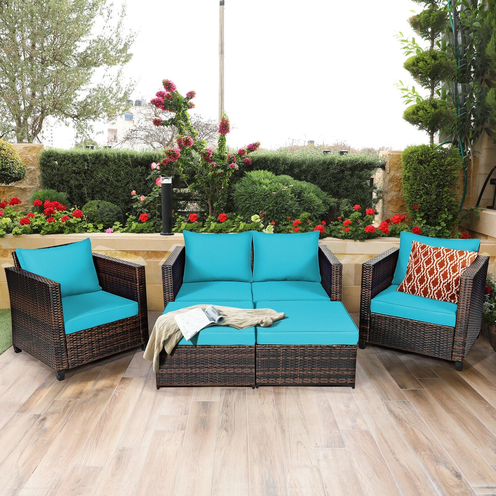 5 Piece Patio Cushioned Rattan Furniture Set, Turquoise Outdoor Sectionals at Gallery Canada