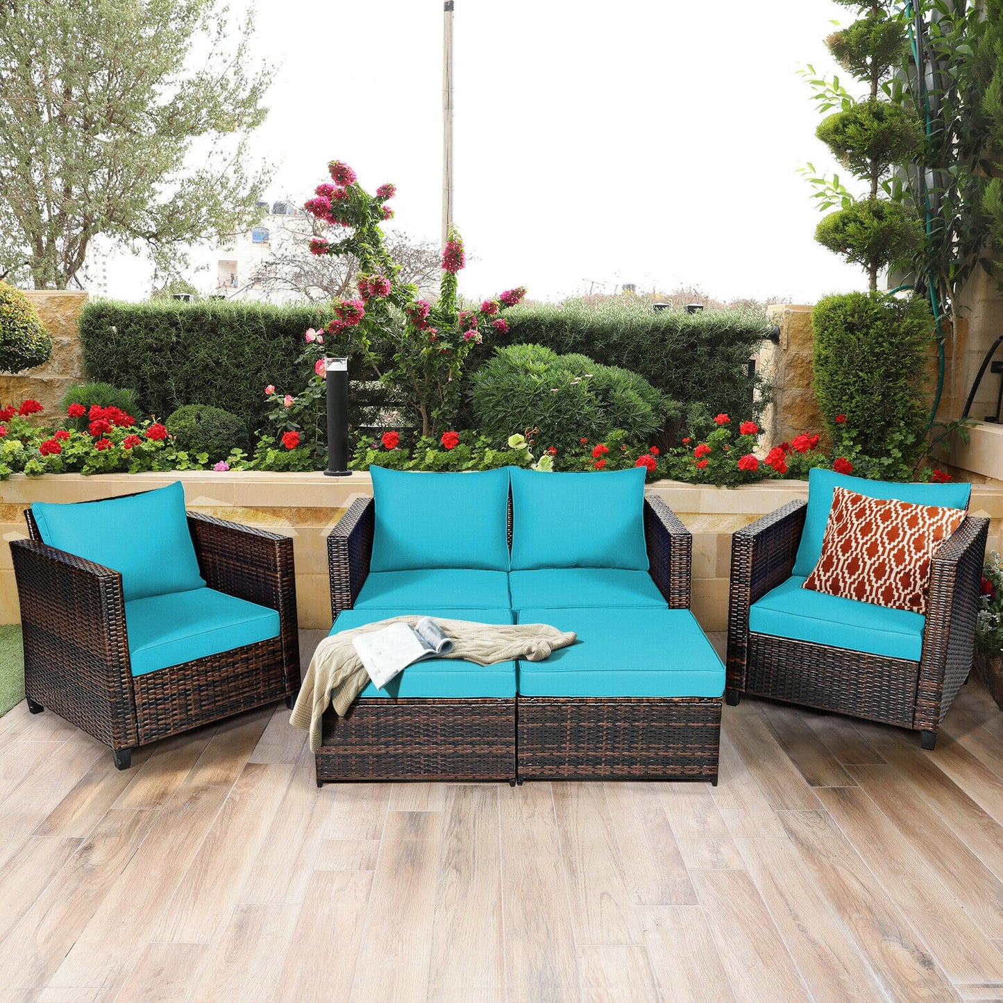 5 Piece Patio Cushioned Rattan Furniture Set, Turquoise Outdoor Sectionals at Gallery Canada