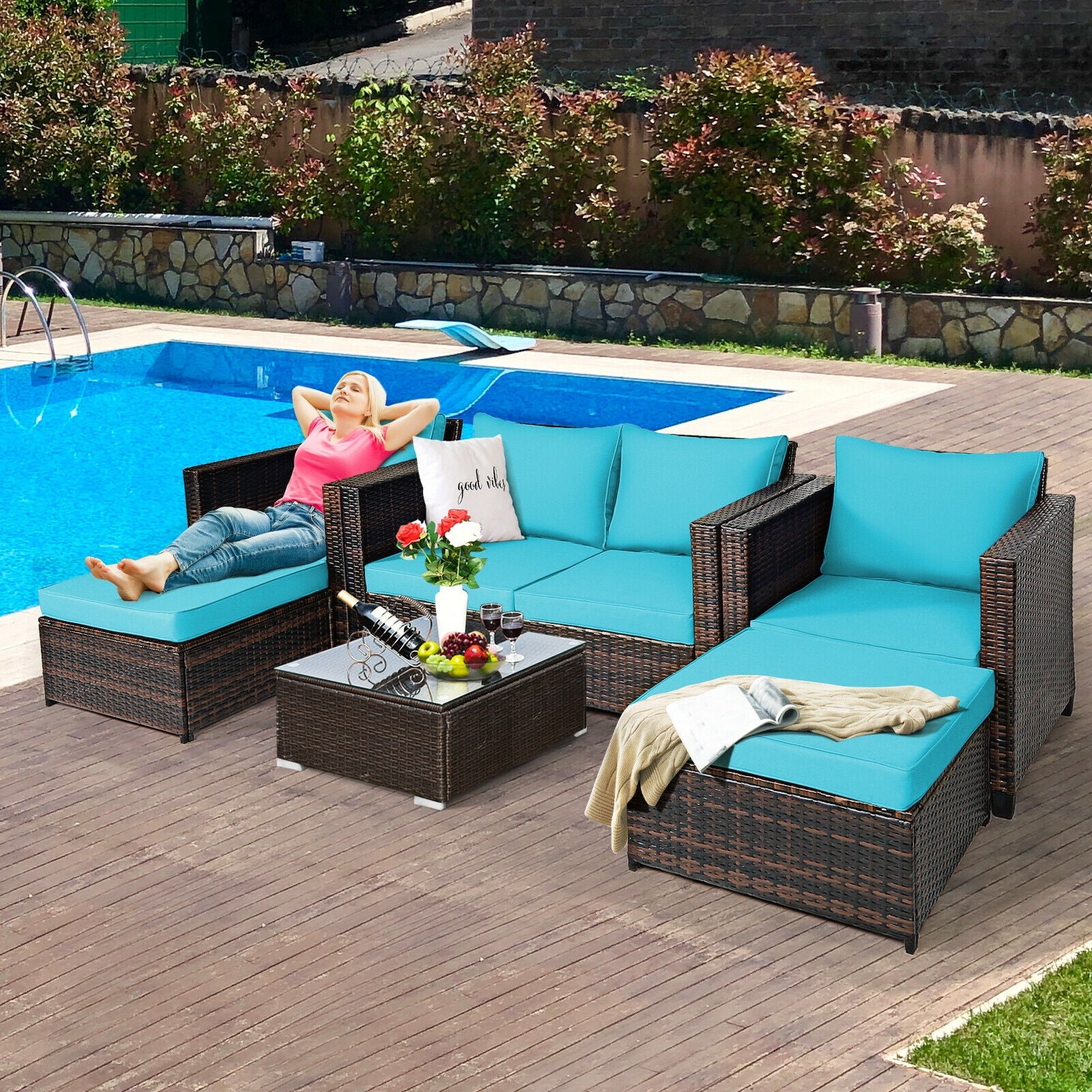 5 Piece Patio Cushioned Rattan Furniture Set, Turquoise Outdoor Sectionals at Gallery Canada