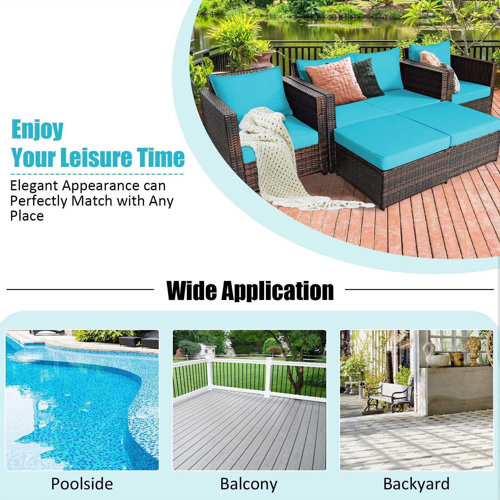 5 Piece Patio Cushioned Rattan Furniture Set, Turquoise Outdoor Sectionals at Gallery Canada