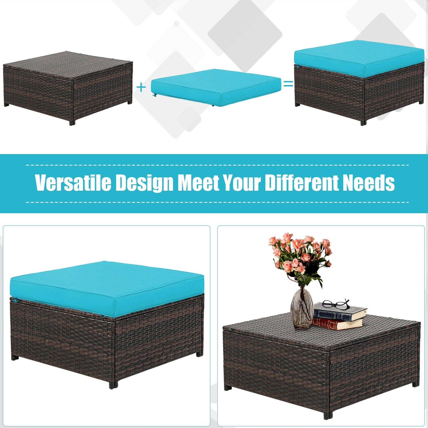 5 Piece Patio Cushioned Rattan Furniture Set, Turquoise Outdoor Sectionals at Gallery Canada