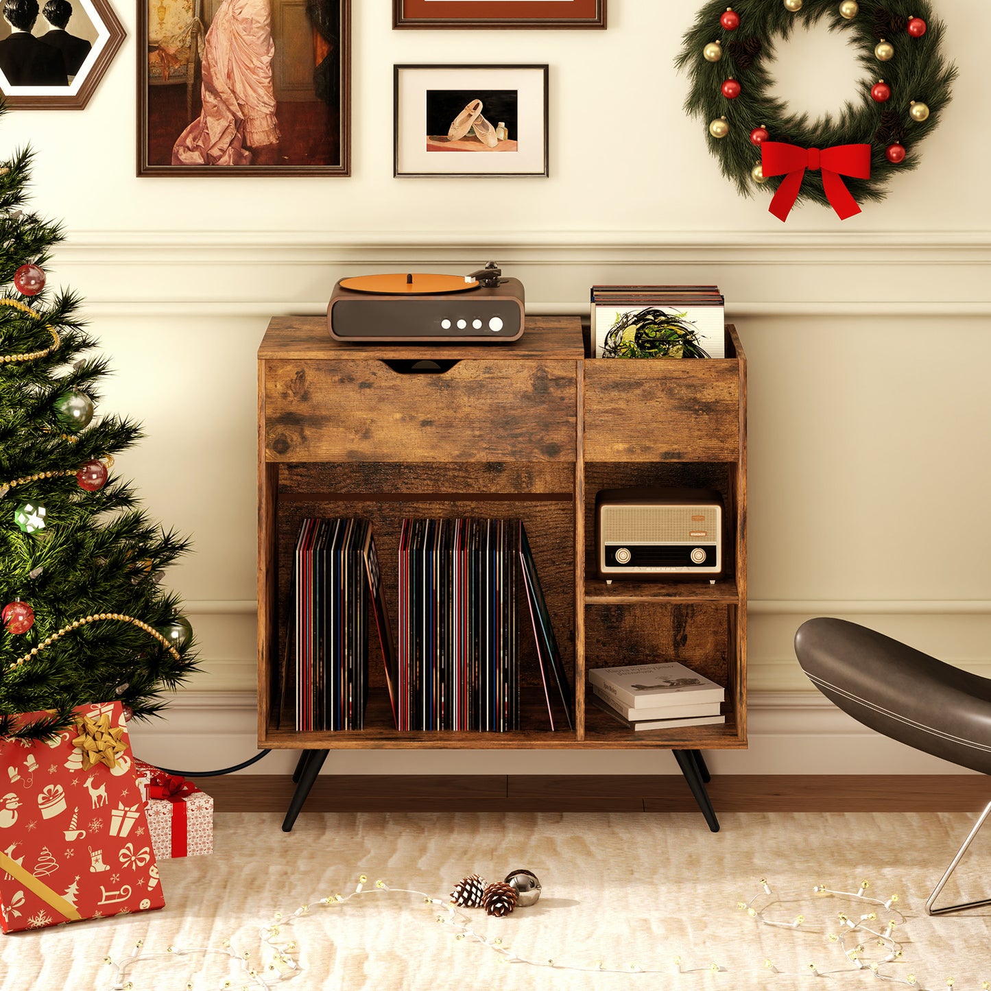 Record Player Stand with Power Outlet, Rustic Brown End & Side Tables at Gallery Canada