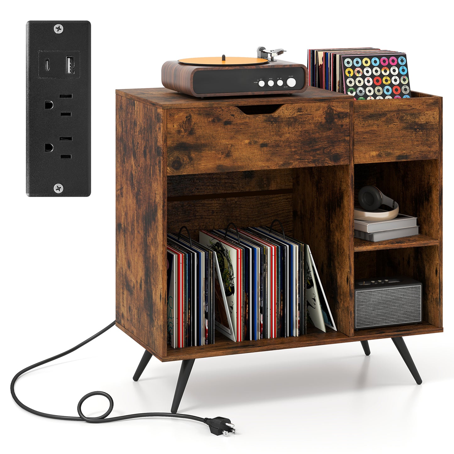 Record Player Stand With Power Outlet, Rustic Brown End & Side Tables at Gallery Canada