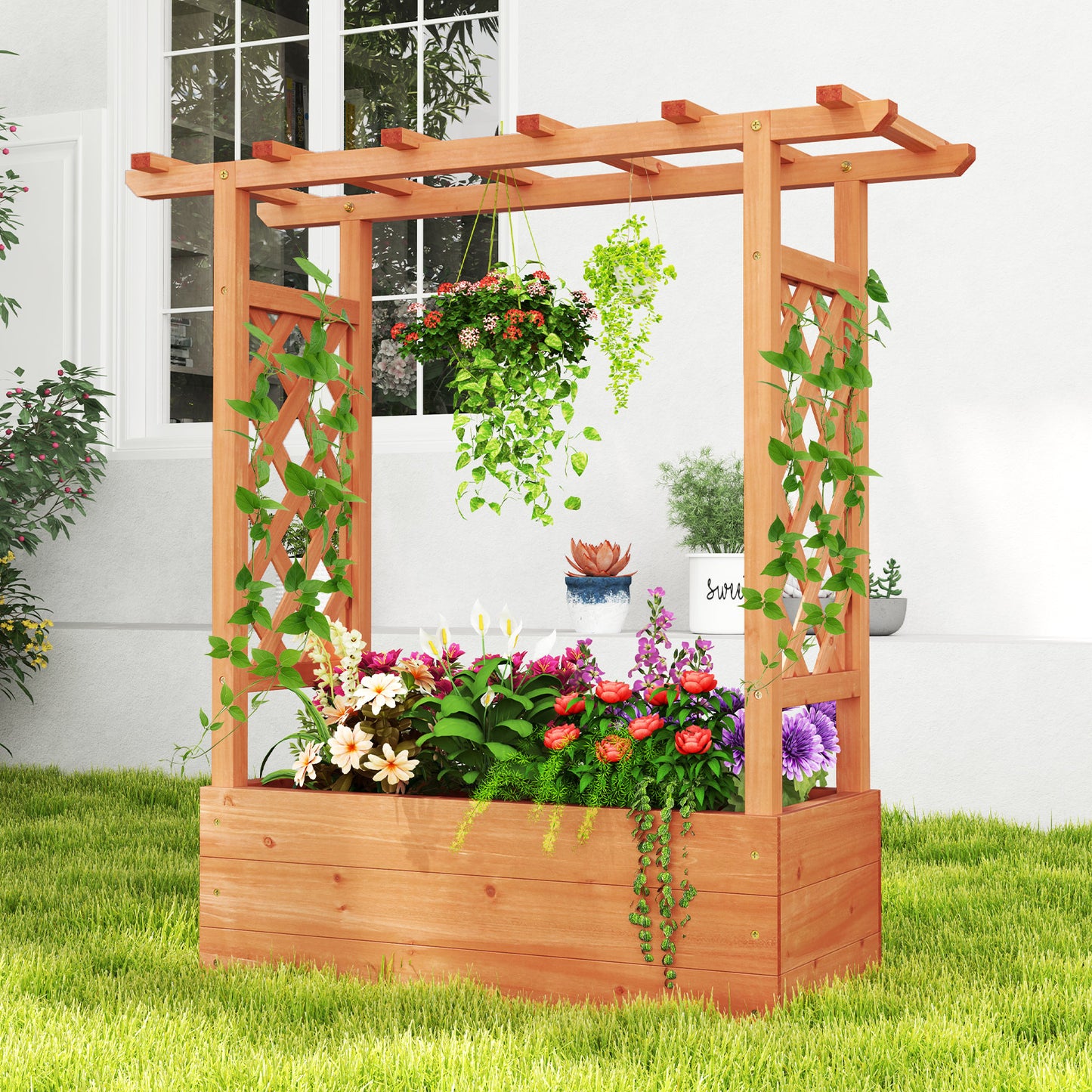 Wooden Raised Garden Bed Elevated Planter Box with Trellis and Hanging Roof, Orange Raised Garden Beds at Gallery Canada