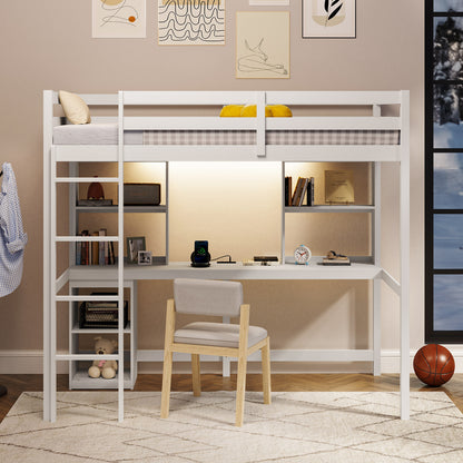 Twin Loft Bed With LED Light And Desk