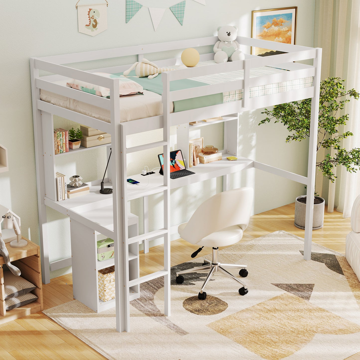 Twin Loft Bed With LED Light And Desk
