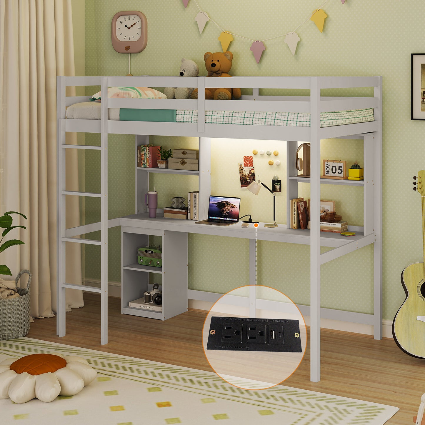 Twin Loft Bed With LED Light And Desk