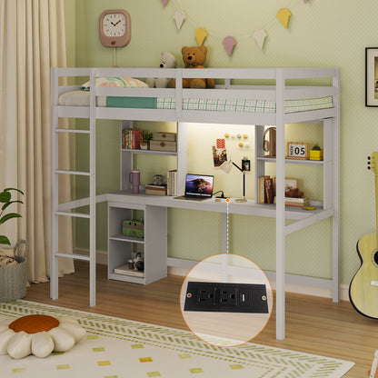 Twin Loft Bed With LED Light And Desk