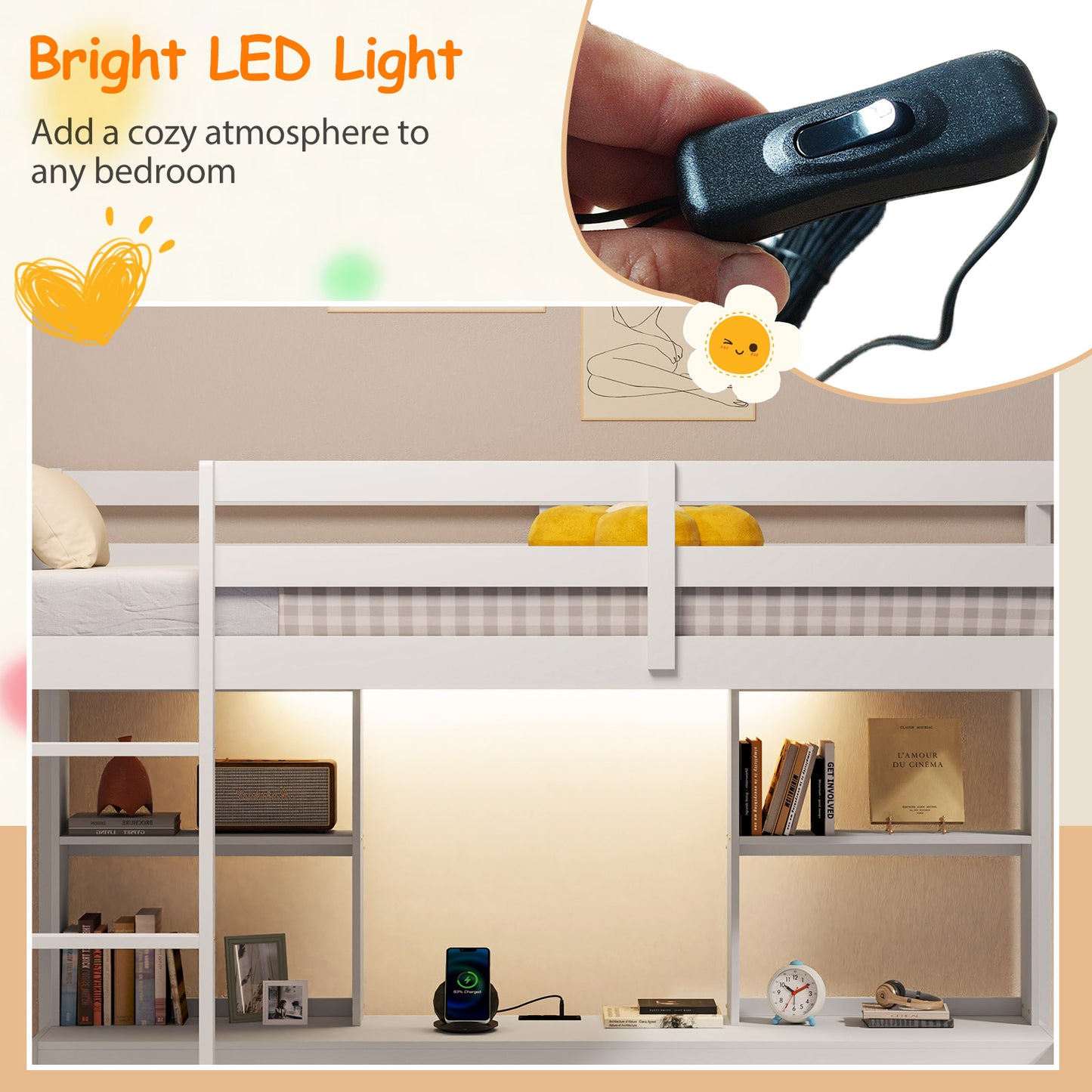 Twin Loft Bed With LED Light And Desk