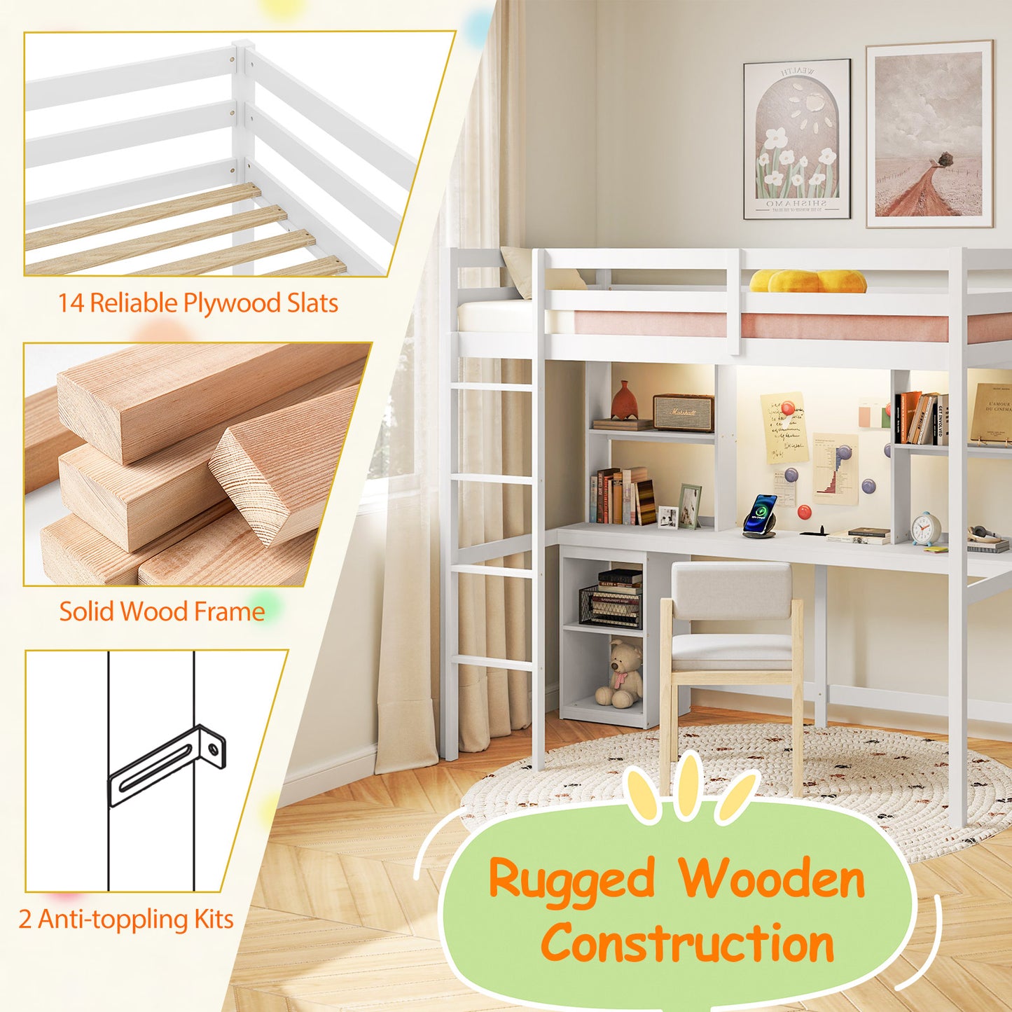 Twin Loft Bed With LED Light And Desk