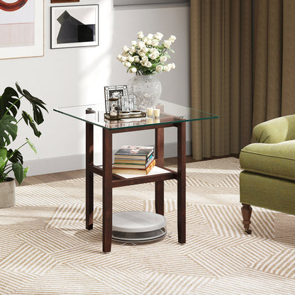 24 Inch 2-Tier Square Glass Coffee Table Center Table with Storage Shelf, Brown End & Side Tables at Gallery Canada