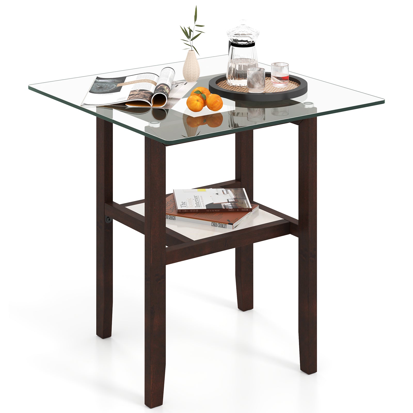 24 Inch 2-Tier Square Glass Coffee Table Center Table with Storage Shelf, Brown End & Side Tables at Gallery Canada