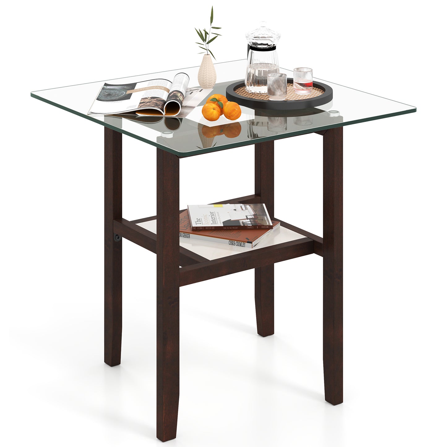 24 Inch 2-Tier Square Glass Coffee Table Center Table with Storage Shelf, Brown End & Side Tables at Gallery Canada