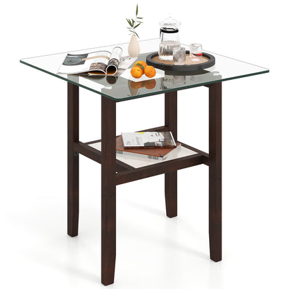 24 Inch 2-Tier Square Glass Coffee Table Center Table with Storage Shelf, Brown End & Side Tables at Gallery Canada