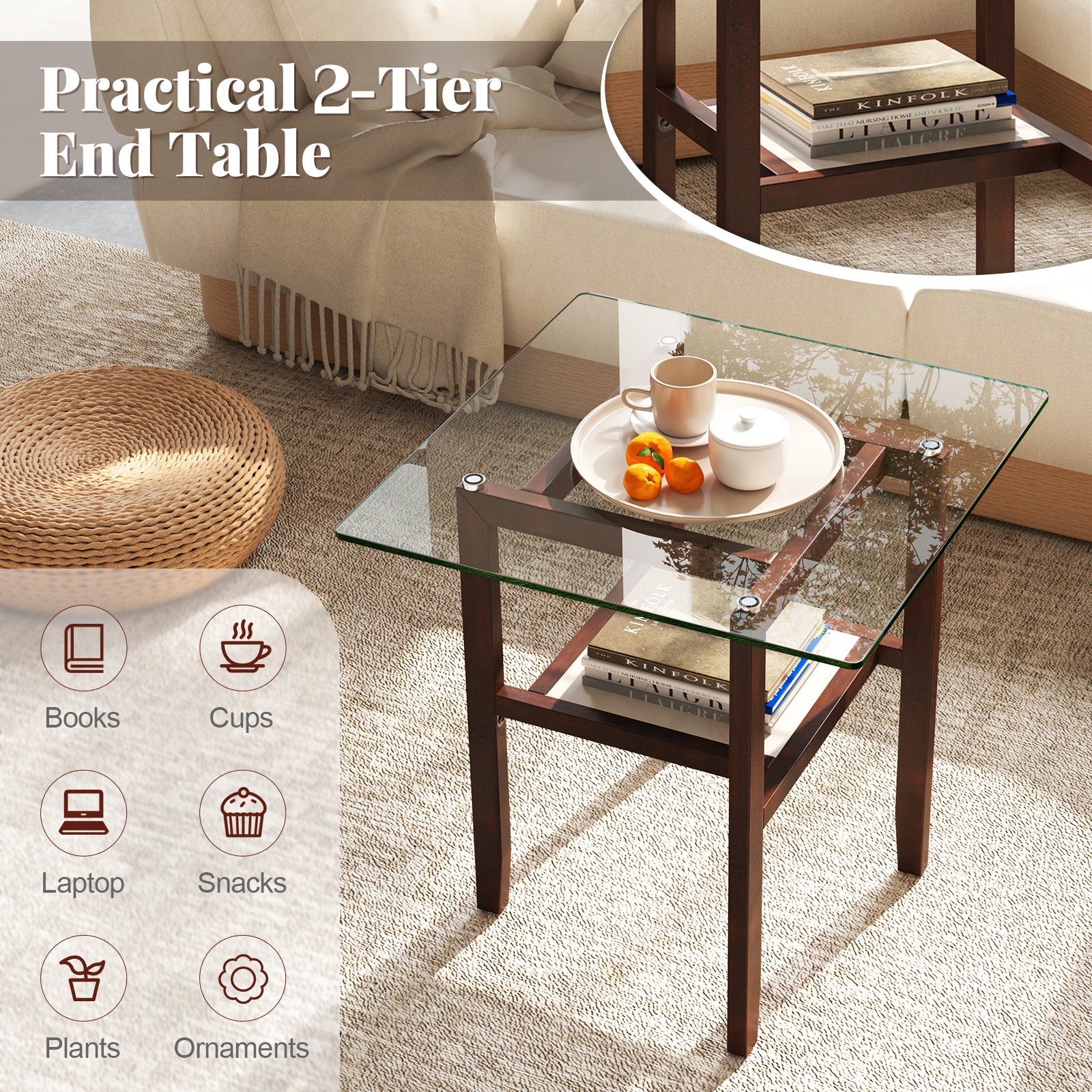24 Inch 2-Tier Square Glass Coffee Table Center Table with Storage Shelf, Brown End & Side Tables at Gallery Canada