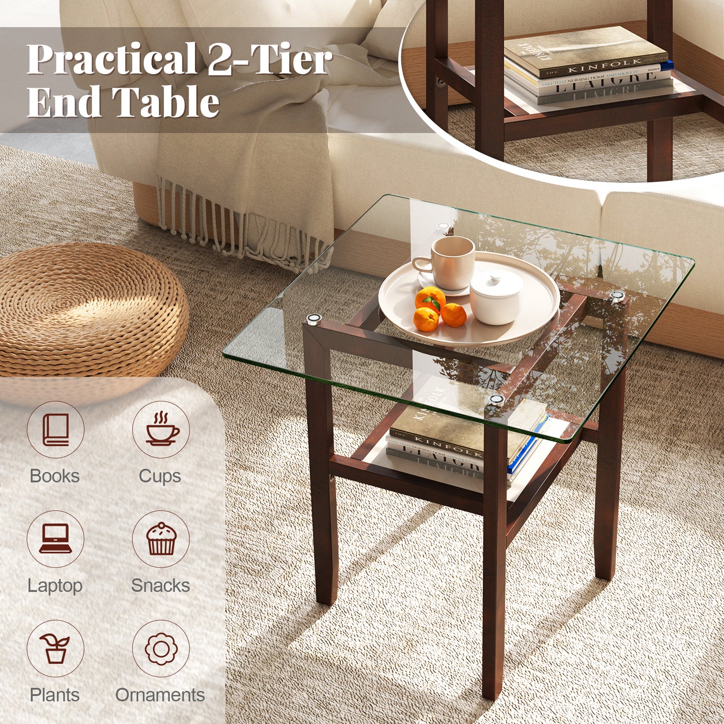24 Inch 2-Tier Square Glass Coffee Table Center Table with Storage Shelf, Brown End & Side Tables at Gallery Canada
