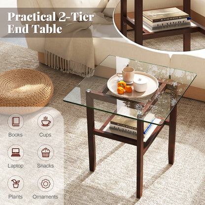 24 Inch 2-Tier Square Glass Coffee Table Center Table with Storage Shelf, Brown End & Side Tables at Gallery Canada