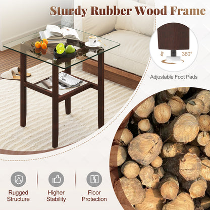 24 Inch 2-Tier Square Glass Coffee Table Center Table with Storage Shelf, Brown End & Side Tables at Gallery Canada