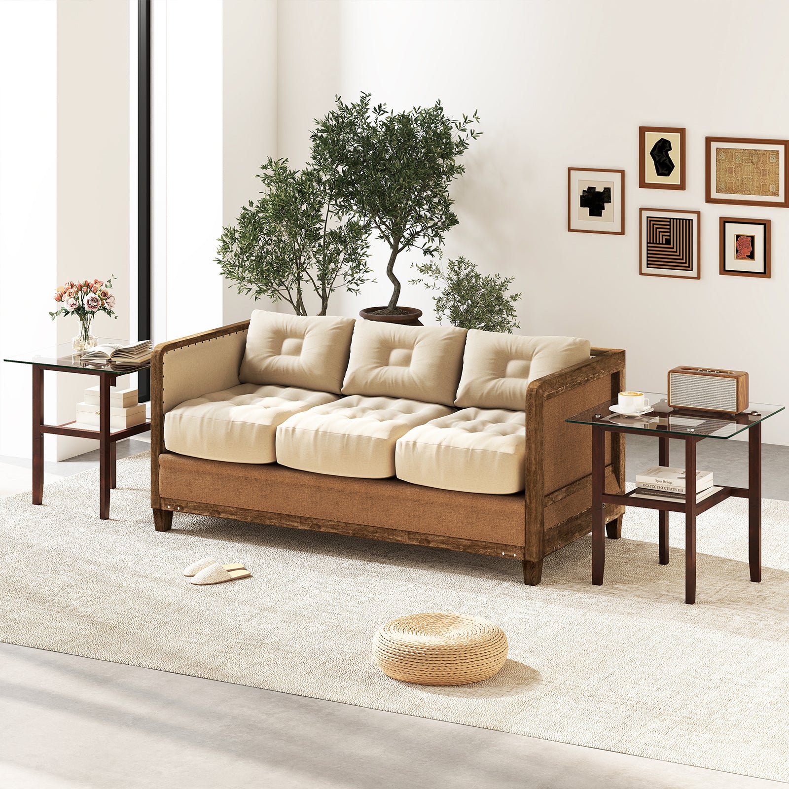 24 Inch 2-Tier Square Glass Coffee Table Center Table with Storage Shelf, Brown End & Side Tables at Gallery Canada