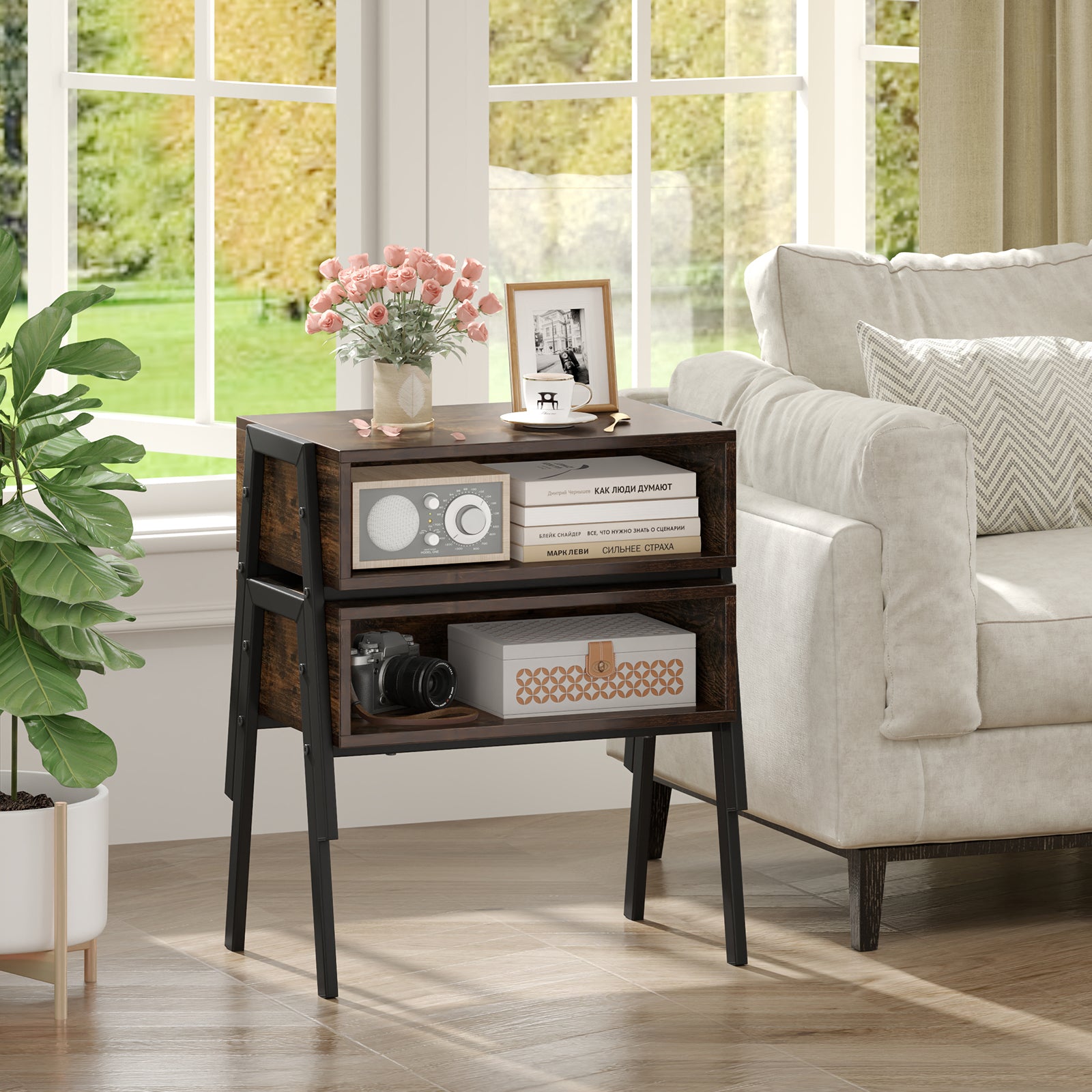 2 Pieces Stackable Night Stand Bedside End Table Set, Rustic Brown Nightstands at Gallery Canada