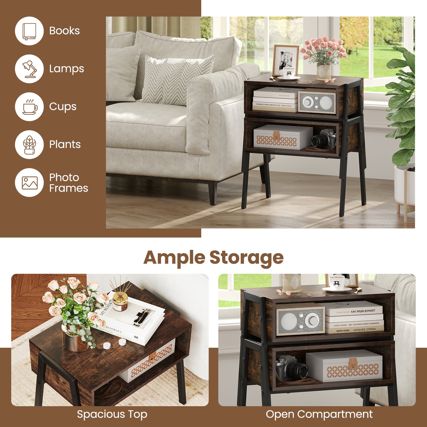 2 Pieces Stackable Night Stand Bedside End Table Set, Rustic Brown Nightstands at Gallery Canada