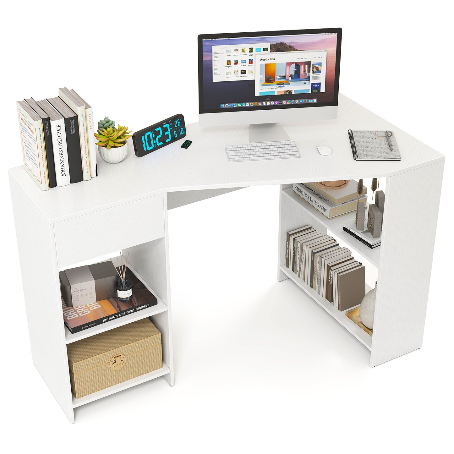 48 Inches L Shaped Corner Executive Computer Desk with Drawer, White Computer Desks at Gallery Canada