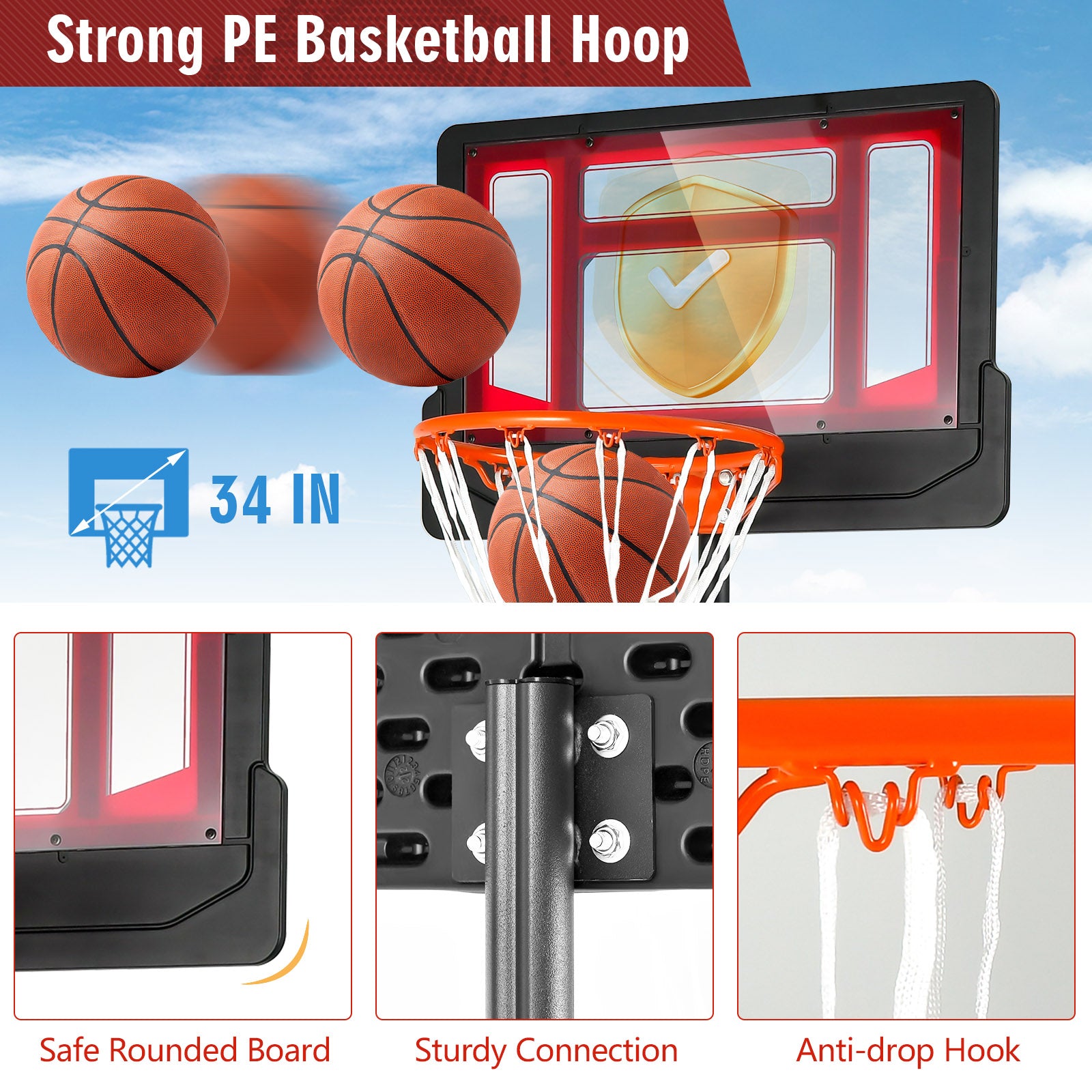 4.3-8.2 FT Portable Basketball Hoop with Adjustable Height and Wheels, Black & Red Sport Equipments at Gallery Canada