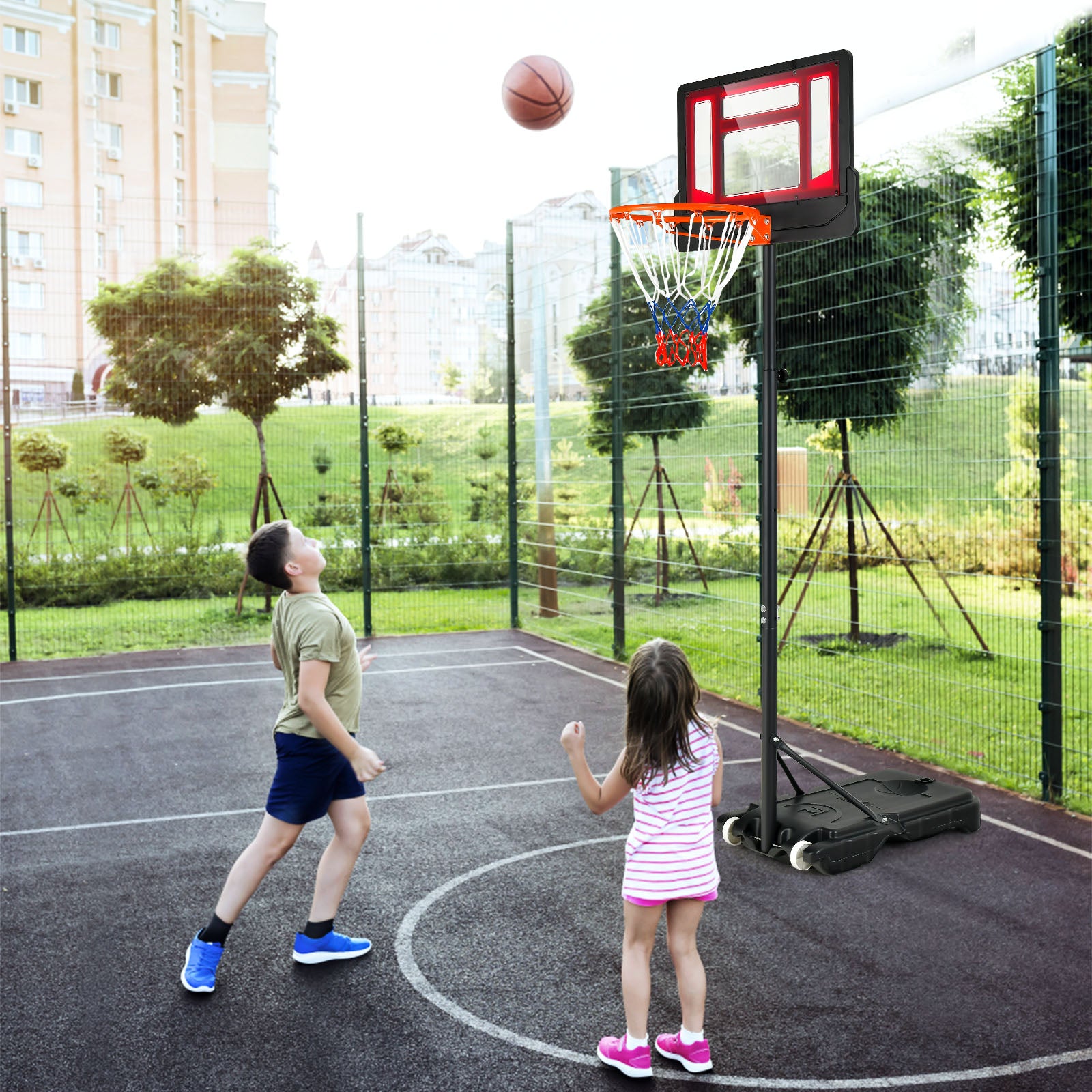 4.3-8.2 FT Portable Basketball Hoop with Adjustable Height and Wheels, Black & Red Sport Equipments at Gallery Canada