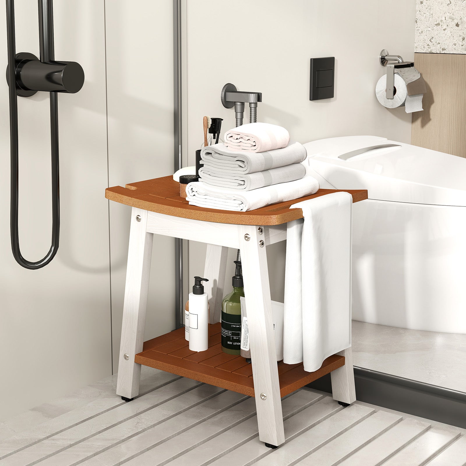 HIPS Shower Bench Seat with Handle Shower Head-Brown&White, Brown & White Bath Safety at Gallery Canada