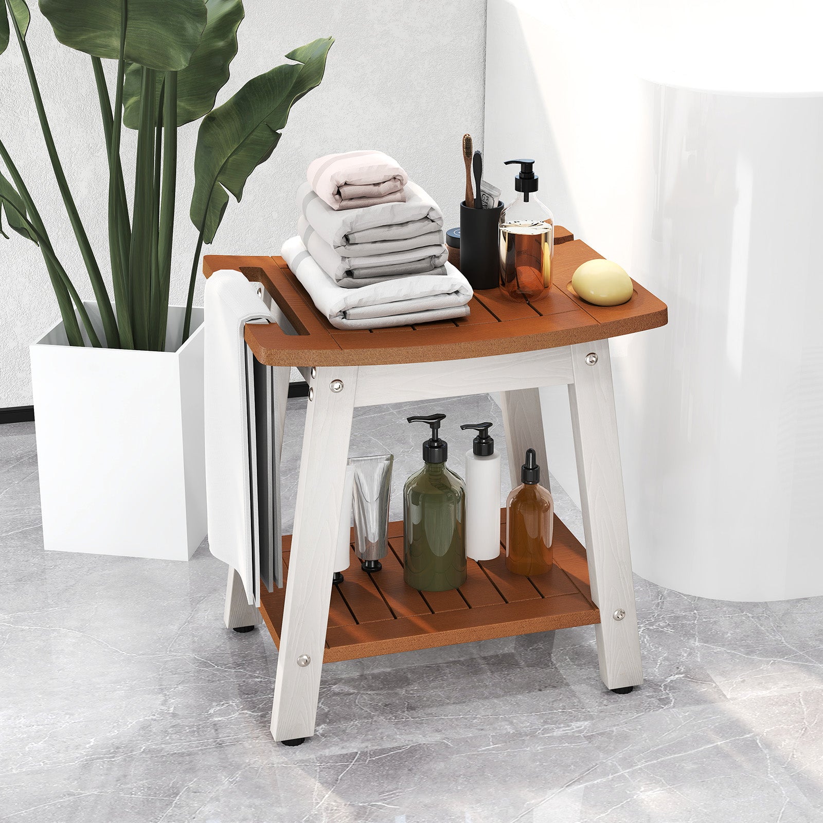 HIPS Shower Bench Seat with Handle Shower Head-Brown&White, Brown & White Bath Safety at Gallery Canada