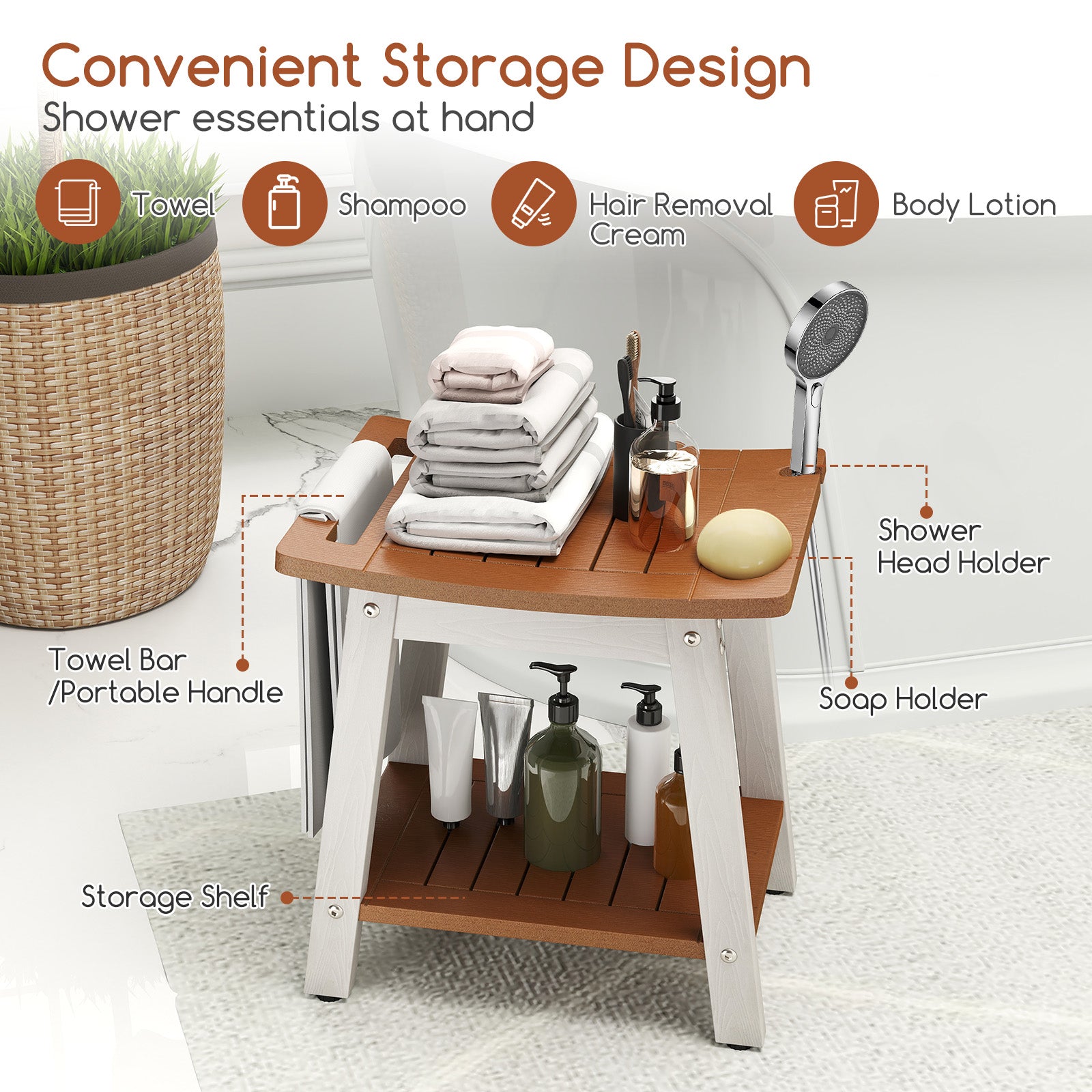 HIPS Shower Bench Seat with Handle Shower Head-Brown&White, Brown & White Bath Safety at Gallery Canada