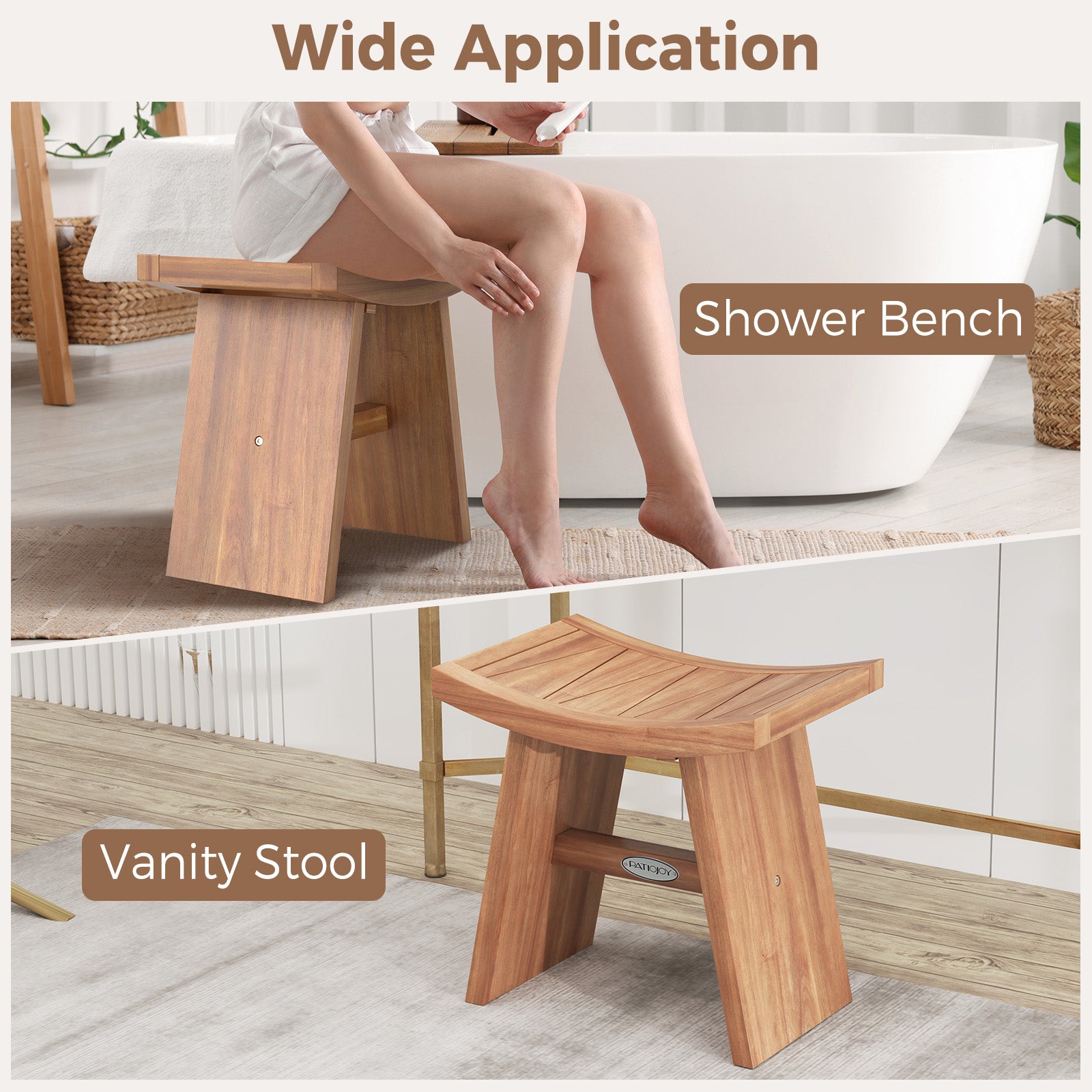 18 Inch Teak Wood Shower Bench, Curved Seat, Natural Bath Safety at Gallery Canada