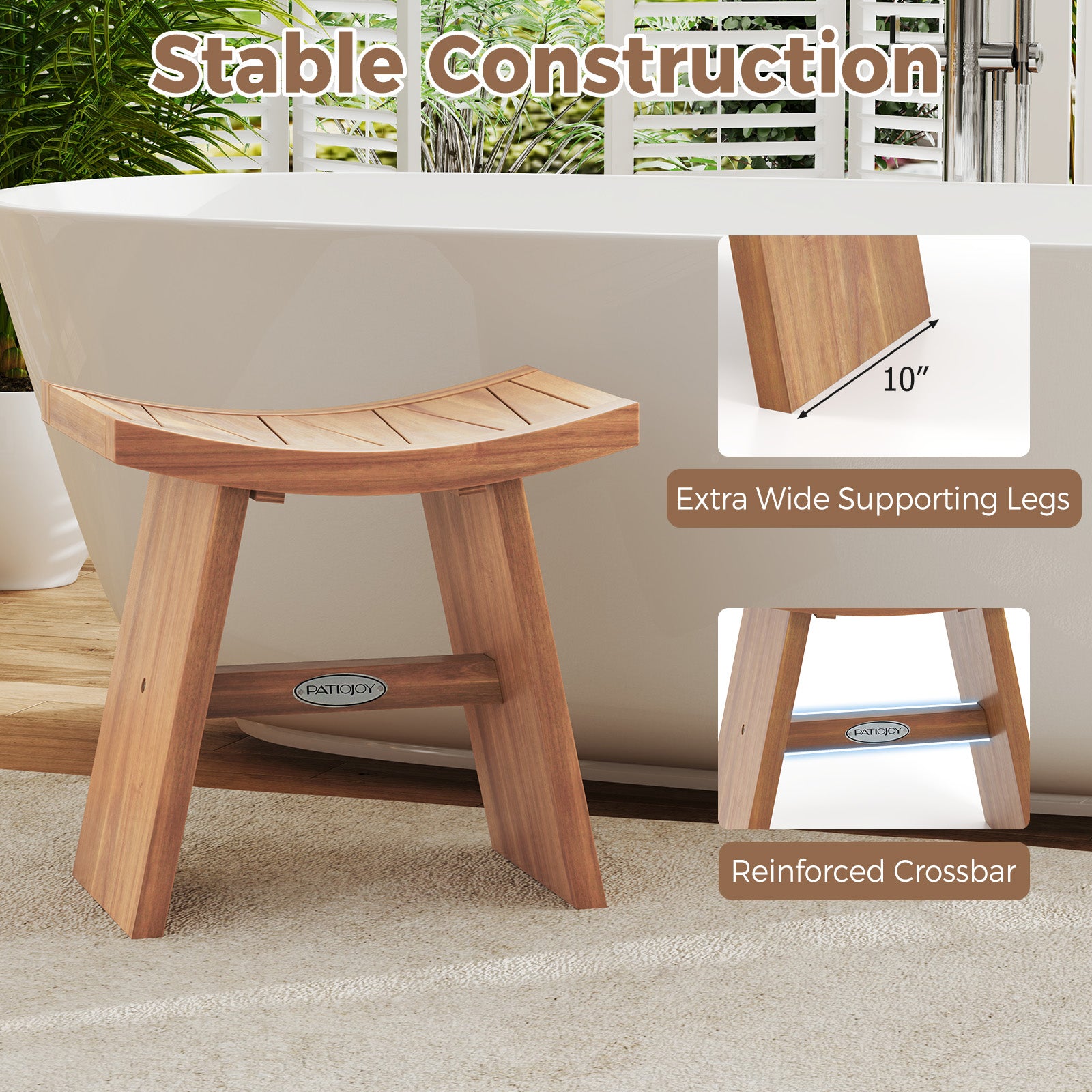 18 Inch Teak Wood Shower Bench, Curved Seat, Natural Bath Safety at Gallery Canada