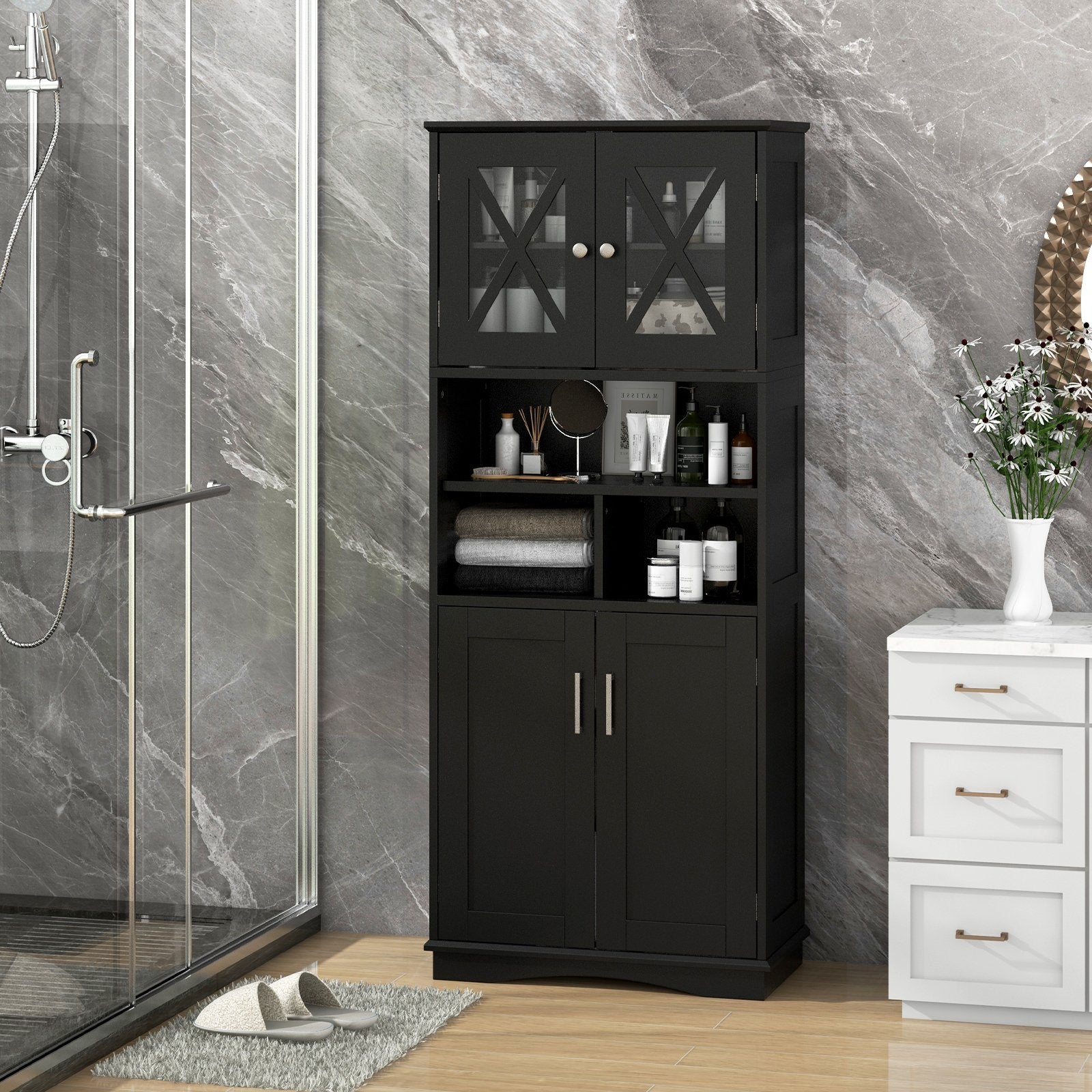 Tall Bathroom Cabinet Large Floor Storage Cabinet with Acrylic Doors and 3 Cubes, Black Floor Cabinets at Gallery Canada
