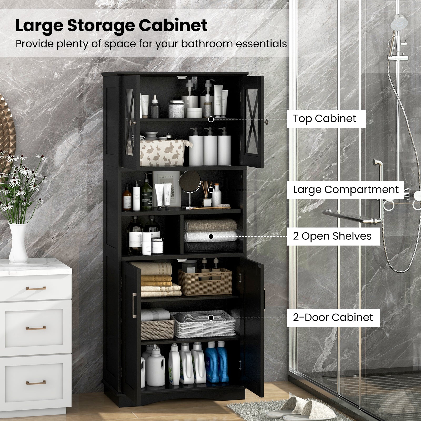 Tall Bathroom Cabinet Large Floor Storage Cabinet with Acrylic Doors and 3 Cubes, Black Floor Cabinets at Gallery Canada